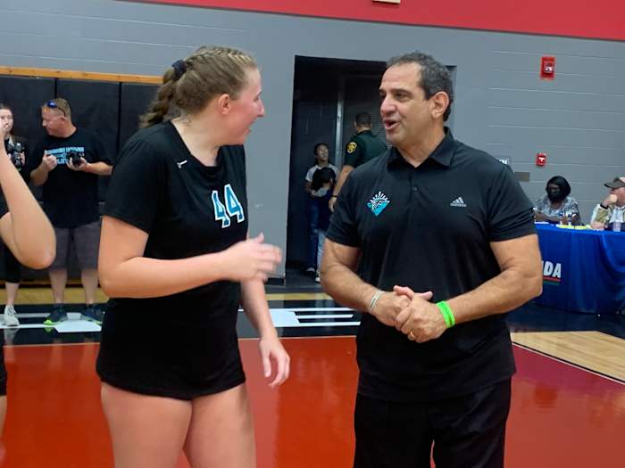 Jensen Beach senior middle hitter Lindsay Walch and coach Mike Sawtelle share a few thoughts after their Clasa 5A state volleyball title.